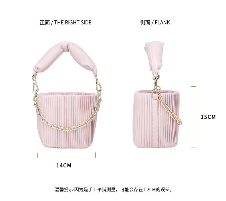 Unique Korean Design Pleated Bucket Bag for Women with Chain Handle, Versatile Fashionable Single Shoulder Crossbody Bag for Ladies