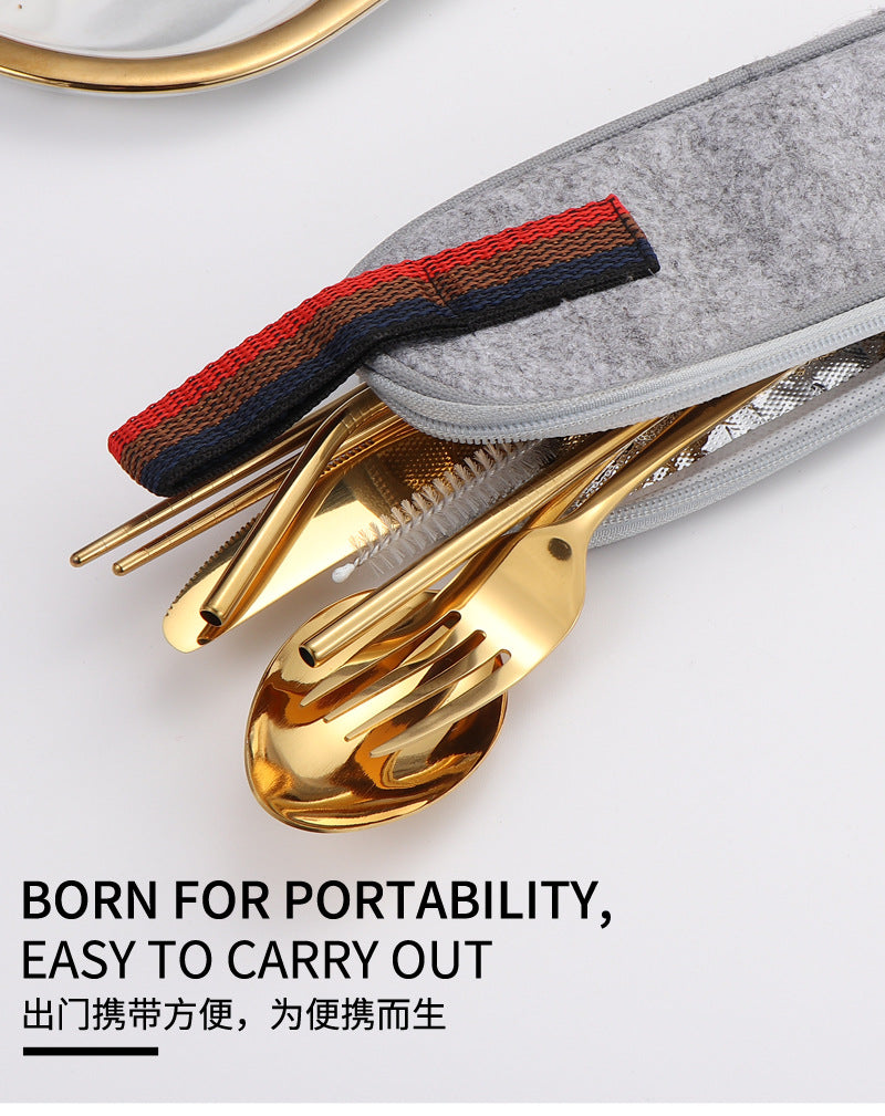 410Stainless Steel Portable Outdoor Camping Tableware Set304Stainless Steel Straw Knife Fork Spoon Chopsticks Seven-Piece Set