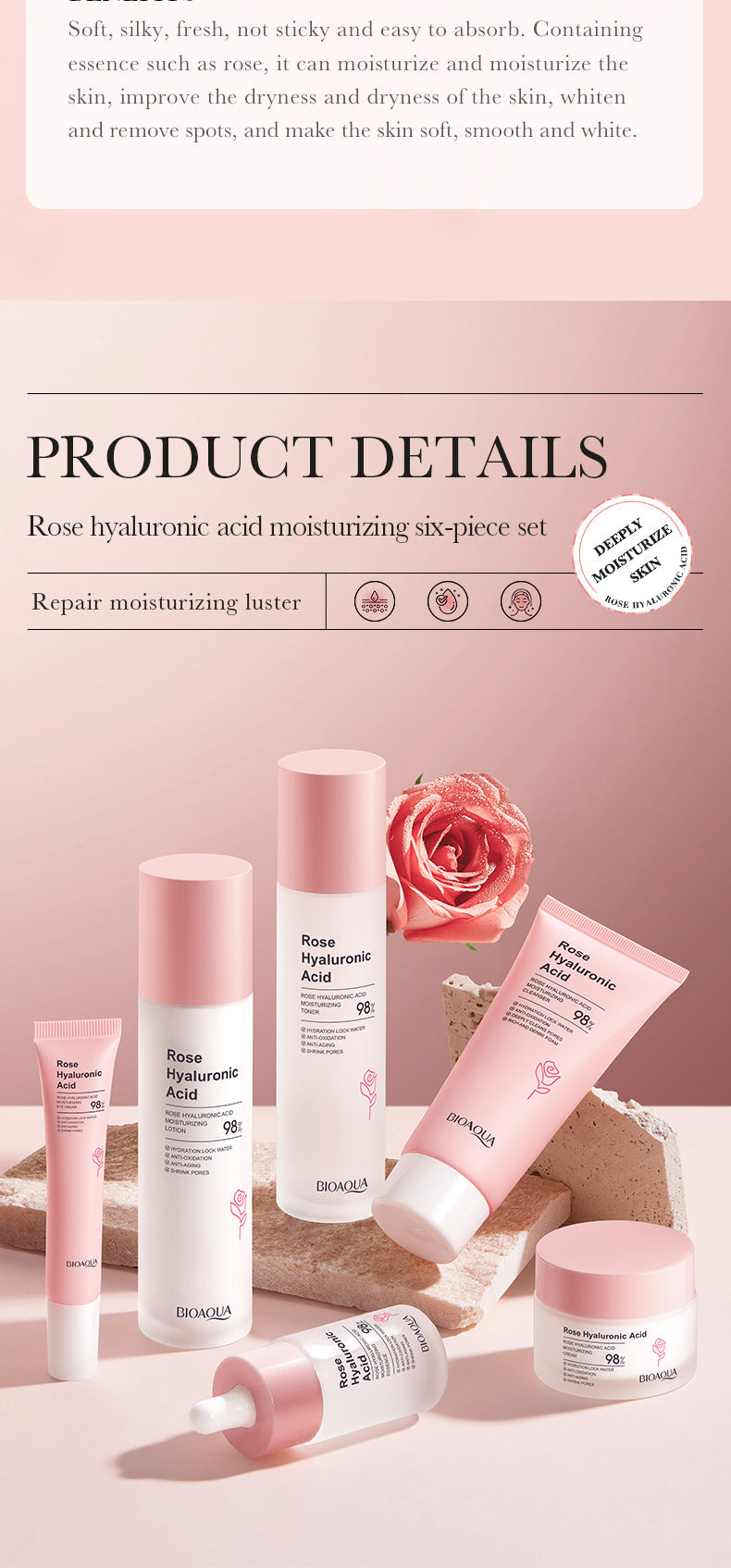 Rose Skincare Set BIOAOUA Hyaluronic acid moisturizing six-piece set  foreign trade wholesale