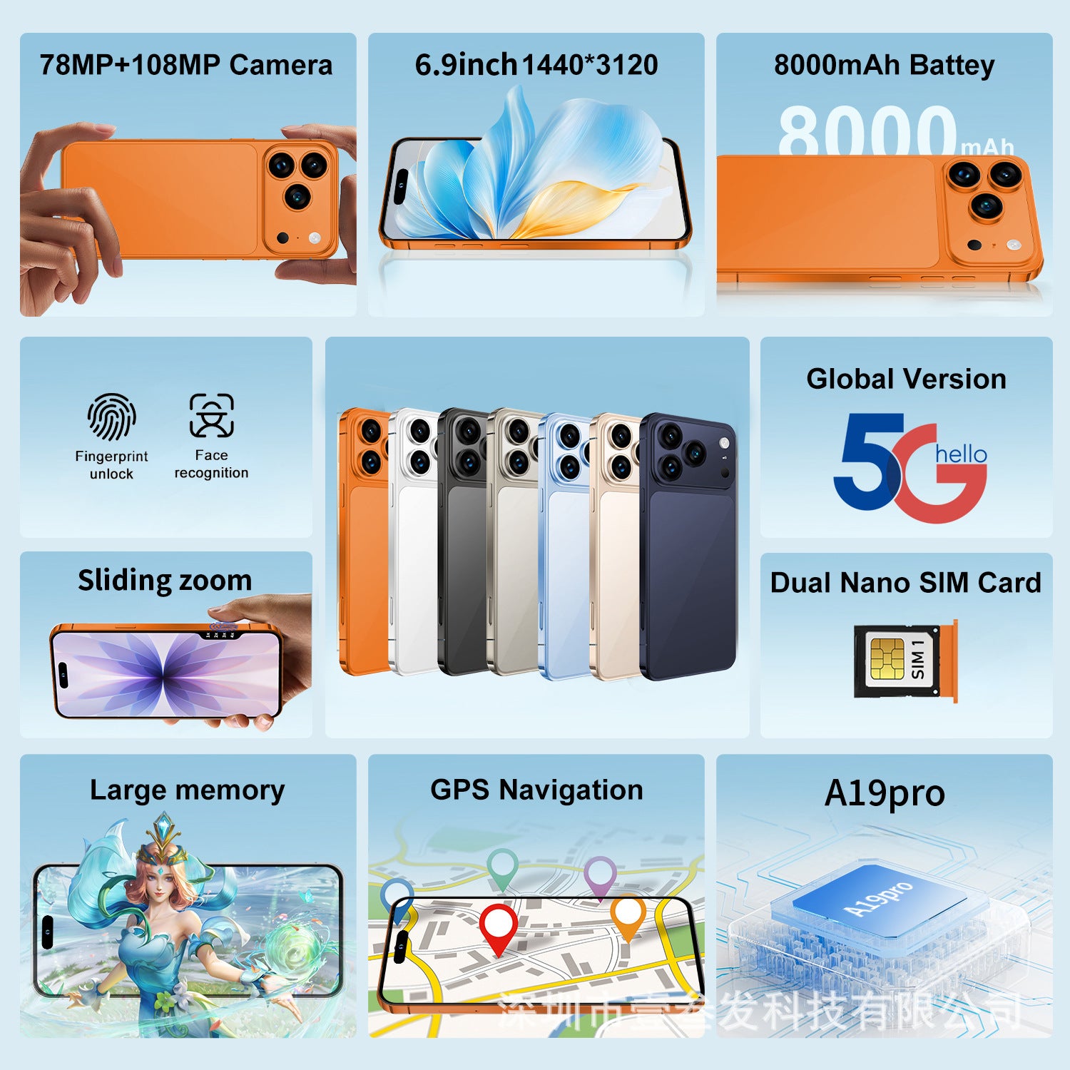 Mobile Phone i17Promax Large Screen6.9Inch1:1Replica Side Key Fingerprint17pro New Smartphone
