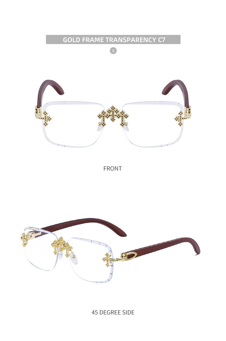 2025New European and American Retro Frameless Sunglasses for Men with Diamond Cut Edge and Imitation Wood Grain Temples Wholesale