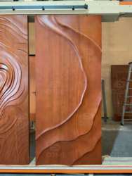 Villa Home Outdoor Timber Door for House Gong groove Line Carving Solid Wood Front Entry Pivot Door with Black Long Handle