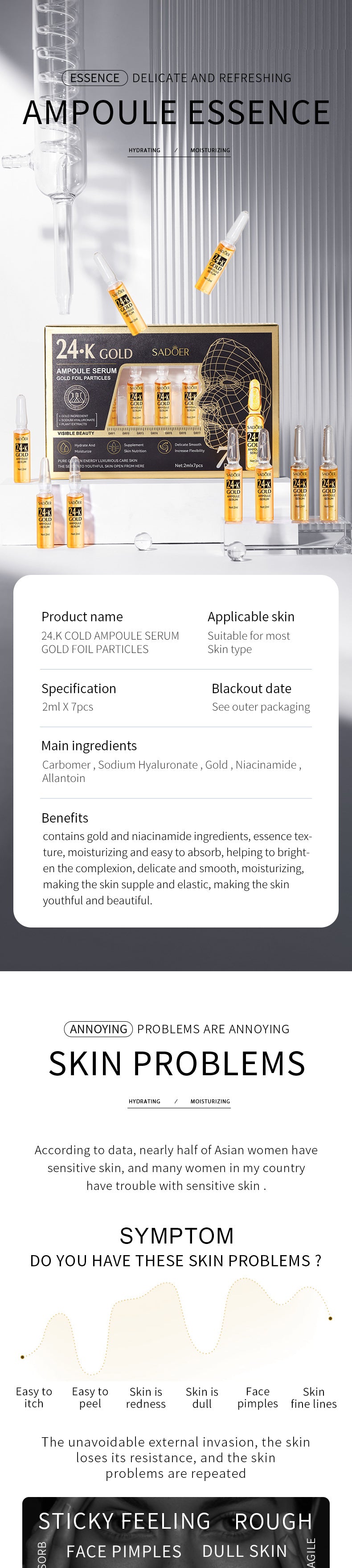 Ampoule Essence SADOER Golden Hyaluronic Acid VC Moisturizing and nourishing  Foreign Trade Live Wholesale