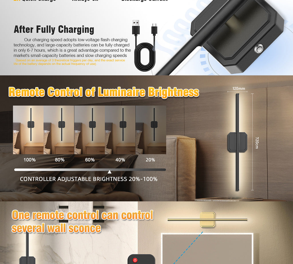 Rechargeable Two-tone Wall Lamp Indoor Wall Lamp Bedroom Bedside Wall Lamp Staircase Wall Lamp No Wiring Wall Lamp Long Strip Wall Lamp