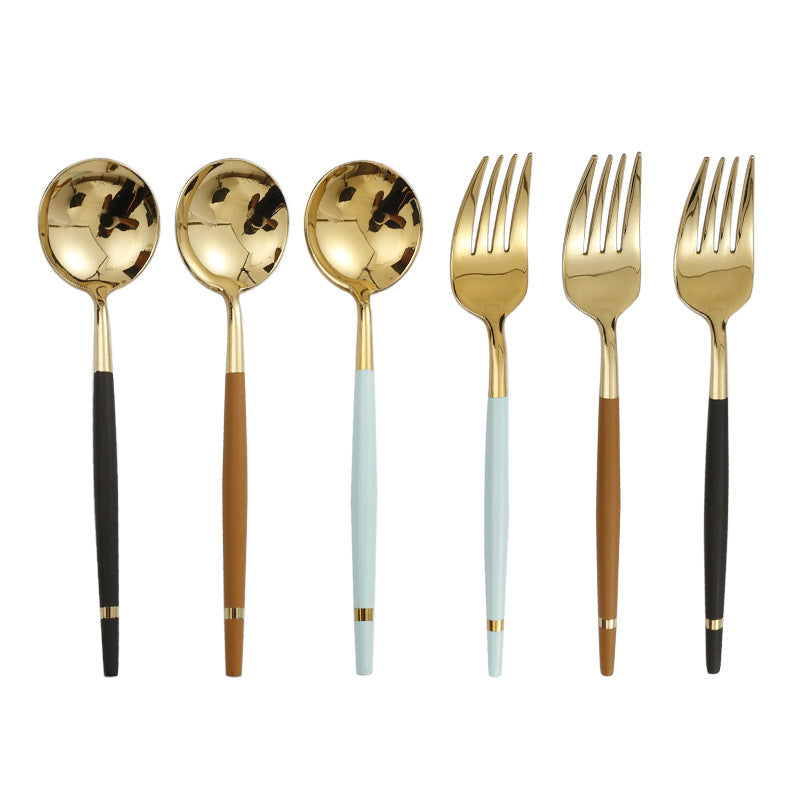 304Stainless Steel Portuguese Tableware Creative Lathe Craft Glossy Mirror Black Gold Round Spoon Dessert Spoon Fork