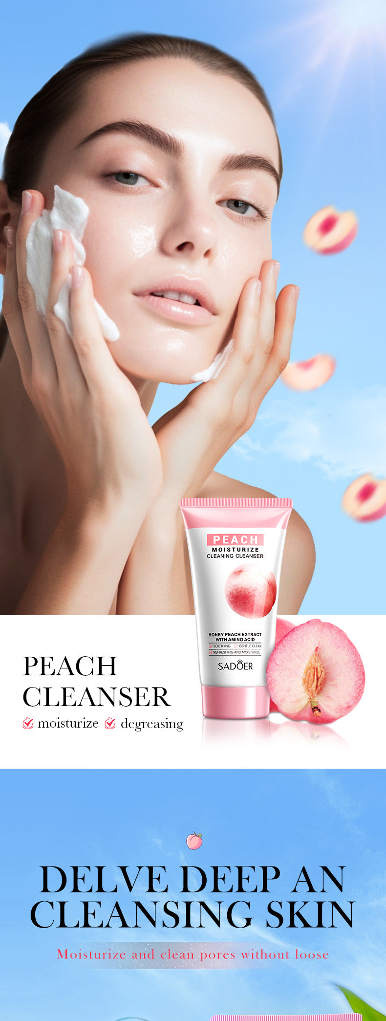 Facial Cleanser150g SADOER Green Tea Cleansing Peach Moisturizing Cleanser  Wholesale