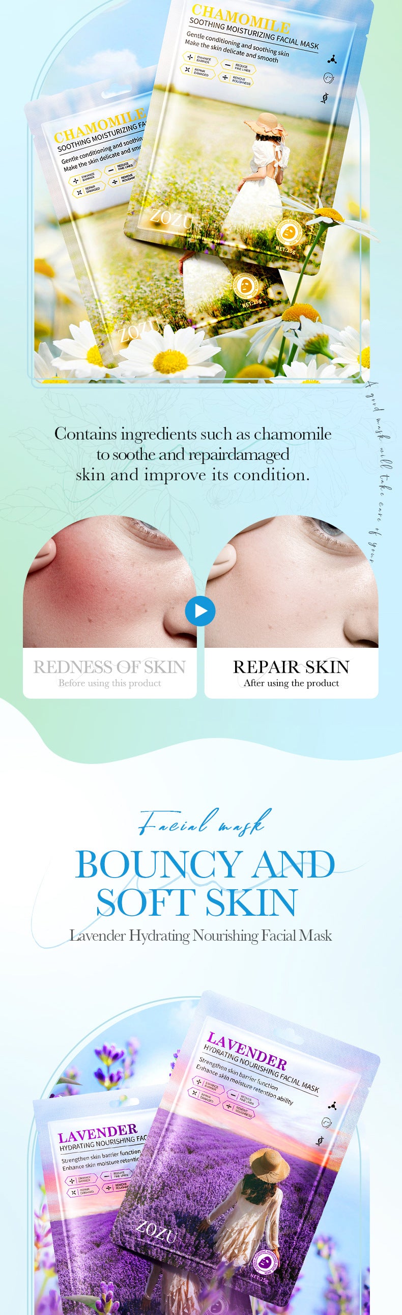 Plant Face Mask25g ZOZU Lavender Hydrating Moisturizing Chamomile Cross-Border Enmu Wholesale