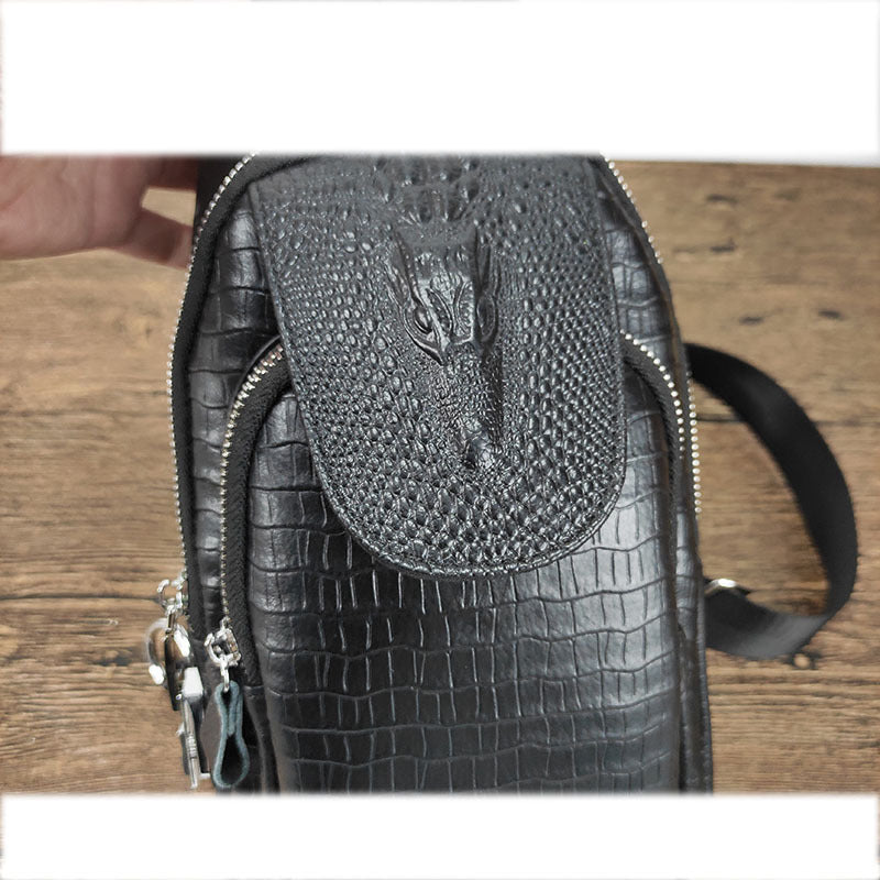 Fingerprint Lock Bag Men's Travel Sports Crossbody Bag Top Layer Cowhide Crocodile Pattern Security Password Lock Genuine Leather Chest Bag