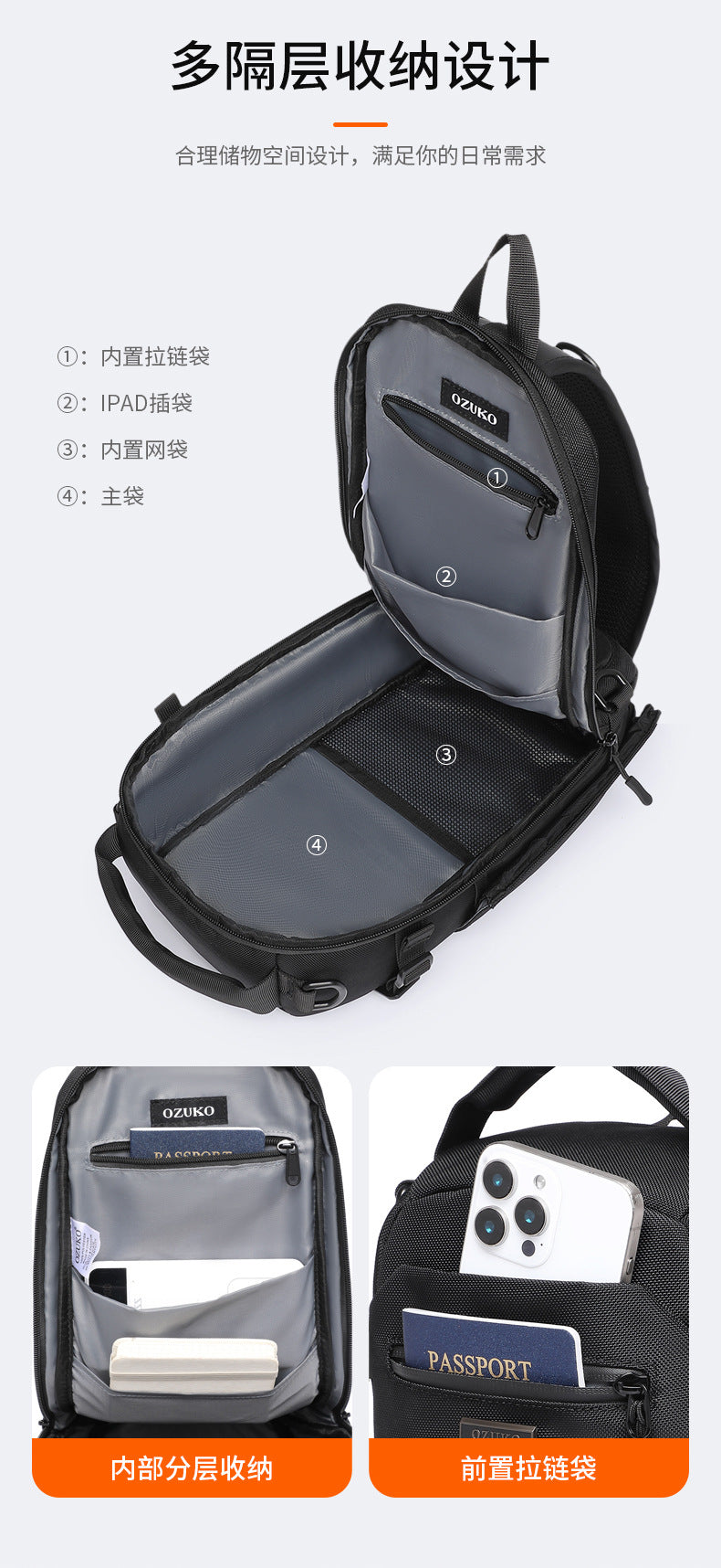 OZUKO Men's Chest Bag Waterproof Multifunctional Crossbody Bag Trendy Portable Small Backpack Large Capacity Single Shoulder Men's Bag