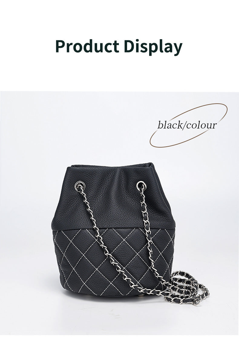 Classic Top Layer Leather Chanel Style Diamond Chain Shoulder Crossbody Women's Bag Fashion Versatile Handheld Bucket Bag for Women
