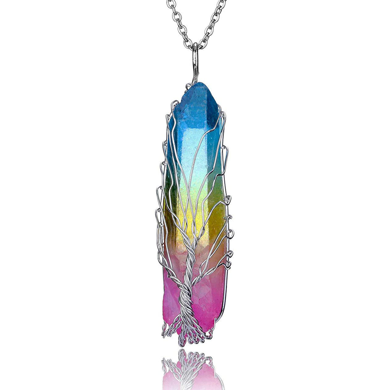 Natural White Crystal Women's Necklace with Color Plated Hexagonal Column Life Tree Pendant Bronze Wire Wrapped Crystal Pendant Necklace