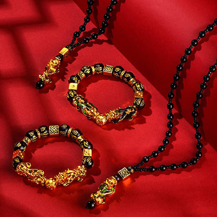 Pixiu Necklace for Men High-end Imitation Obsidian National Style Necklace Temperature-sensitive Color-changing Lucky Pixiu Buddha Bead Necklace