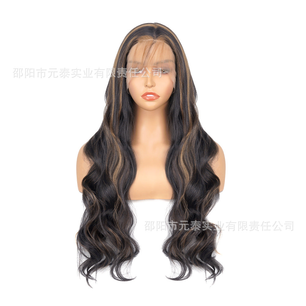 Cross-Border European and American Style Wig Middle Part Black Big Wave Long Curly Hair Synthetic High-Temperature Fiber Manufacturer European and American Style Long Curly Hair