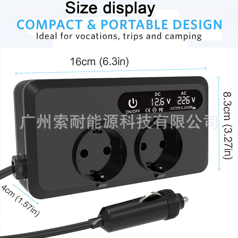 European Standard Socket Car Inverter200W Export12V Turn230V with Digital Display Double USB Double Type-C