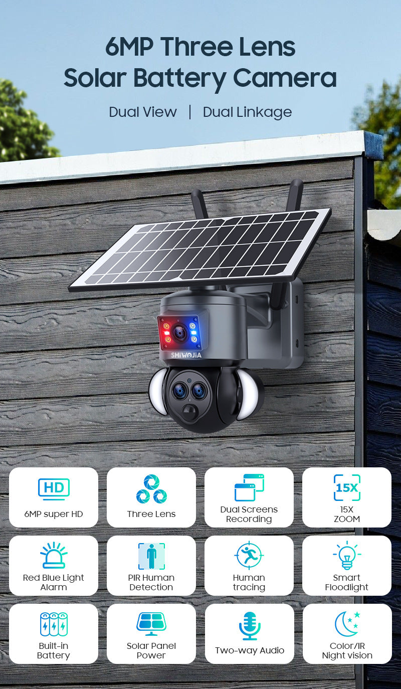 Courtyard Corridor Three Eyes15Zoom4G Wireless Solar Camera6MP High Definition Full Color Night Vision Camera