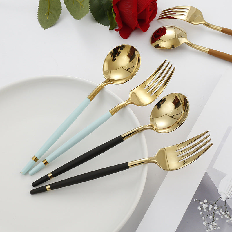 304Stainless Steel Portuguese Tableware Creative Lathe Craft Glossy Mirror Black Gold Round Spoon Dessert Spoon Fork
