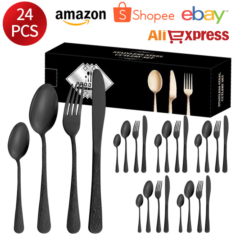 Stainless Steel Tableware Phoenix Pattern Knife Fork Spoon24Set of European-style Retro Relief Western Steak Knives and Forks