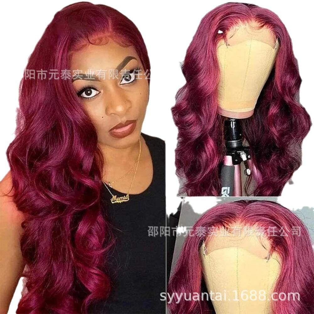 99J Front Lace Wig Big Waves Full Head Daily Women Long Curly Hair High Temperature Fiber Synthetic Wig Air Bangs