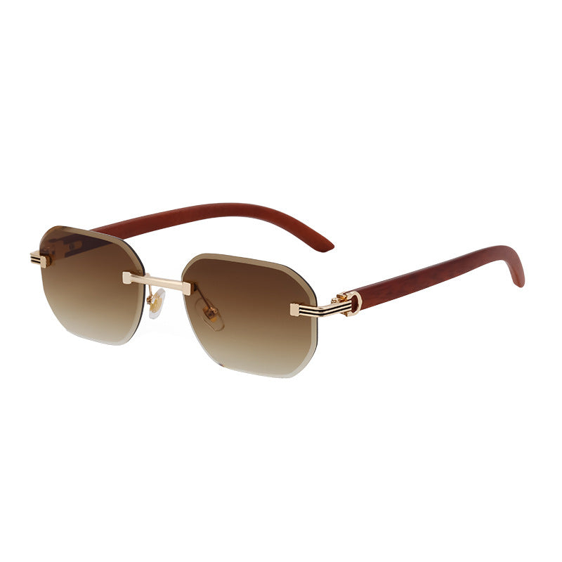【Customization】Diamond Cut Rimless Glasses for Men, European and American Retro Style, Imitation Wood Grain Temple Sunglasses, Sun Protection Sunglasses