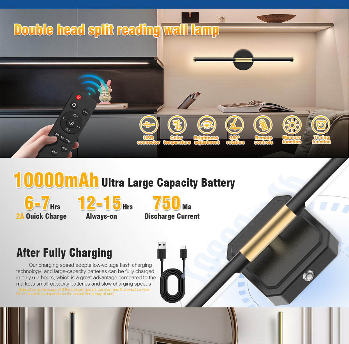 Dual-Head Detachable Wall Lamp Reading Wall Lamp No Wiring Wall Lamp Magnetic Wall Lamp Dimmable Wall Lamp Rechargeable Indoor Wall Lamp