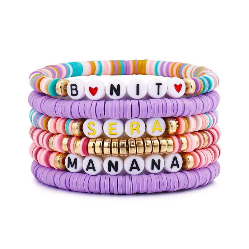 Women's Soft Clay Friendship Bracelet Music Layered Heart Bracelet Spacer Elastic Cord manana Alphabet Soft Clay Bracelet