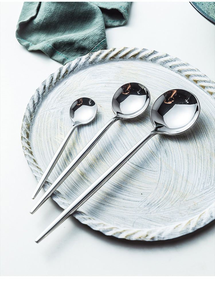 Portuguese Tableware304Glossy Round Handle Main Dinner Knife Fork Spoon Thick Mirror Dessert Spoon Fruit Fork Ice Spoon