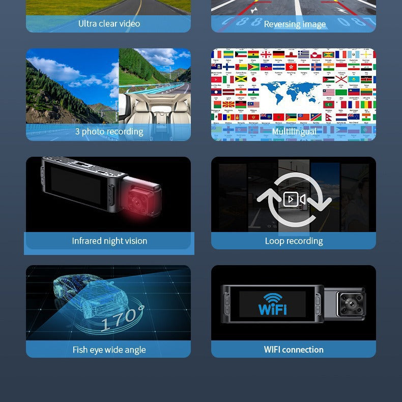 S181080P Three-lens driving recorder with high-definition ultra-wide-angle night vision WiFi Vehicle Front Dash Cam