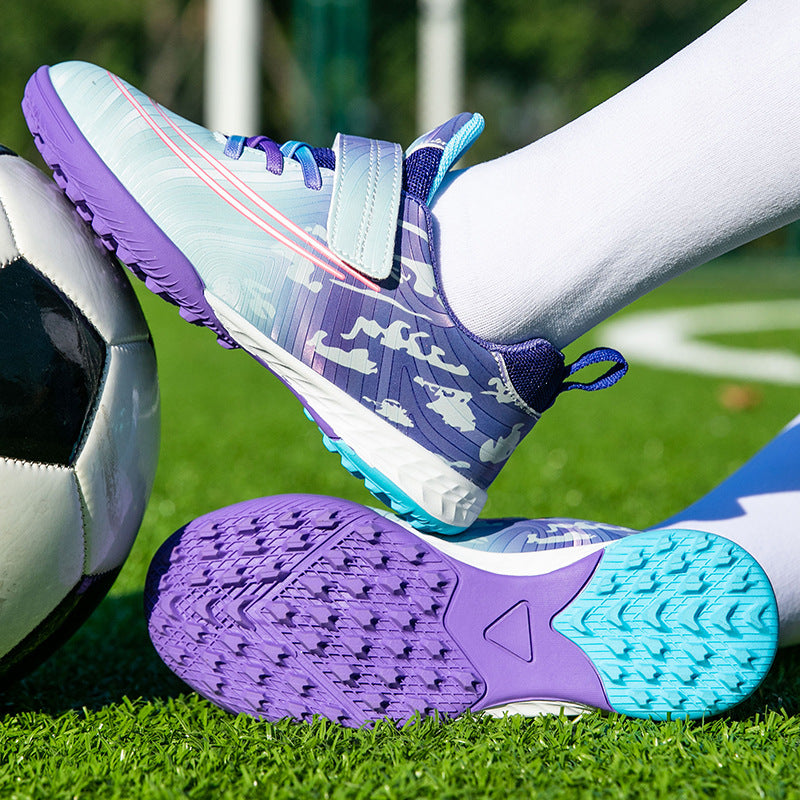 New Football Shoes for Men, Women, and Children, Imitation Leather Low-Top Anti-Collision Spike Magic Tape Grass Training Sports Shoes