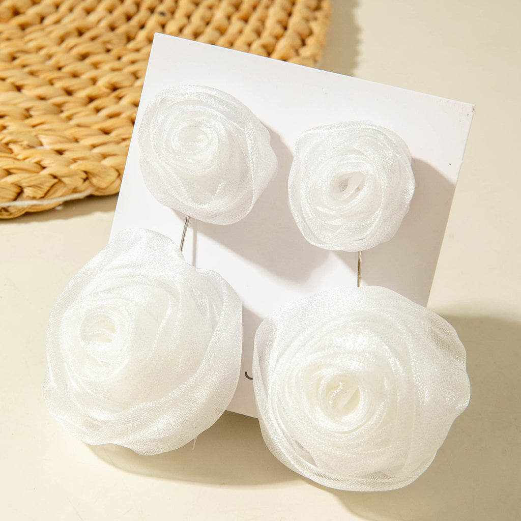 European and American Light Luxury High-End Fabric Rose Flower Earrings Fashion Versatile Three-Dimensional Flower Earrings Wholesale