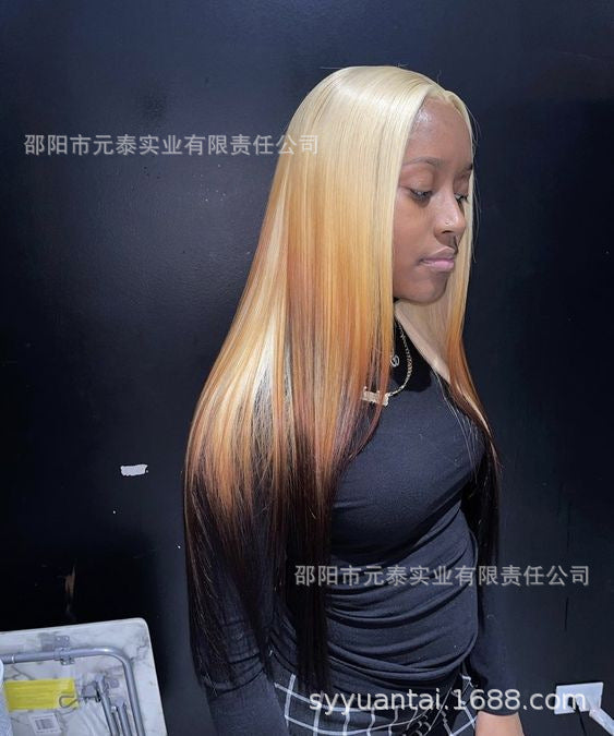 gold Brown Gradient Highlight Synthetic Wig Cross-Border Europe and America Blonde Ombre 13*4 Lace Front