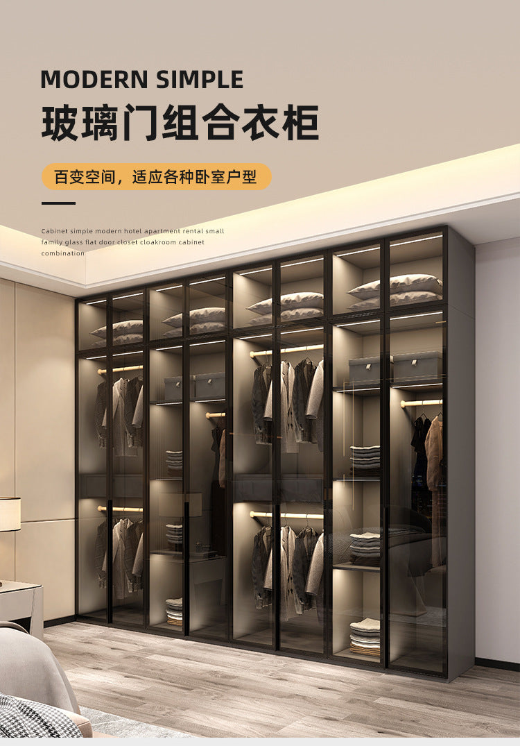 Modern Minimalist Wardrobe for Home Bedroom Cloakroom Glass Door Wardrobe Combination Small Apartment Wardrobe Light Luxury Free Shipping