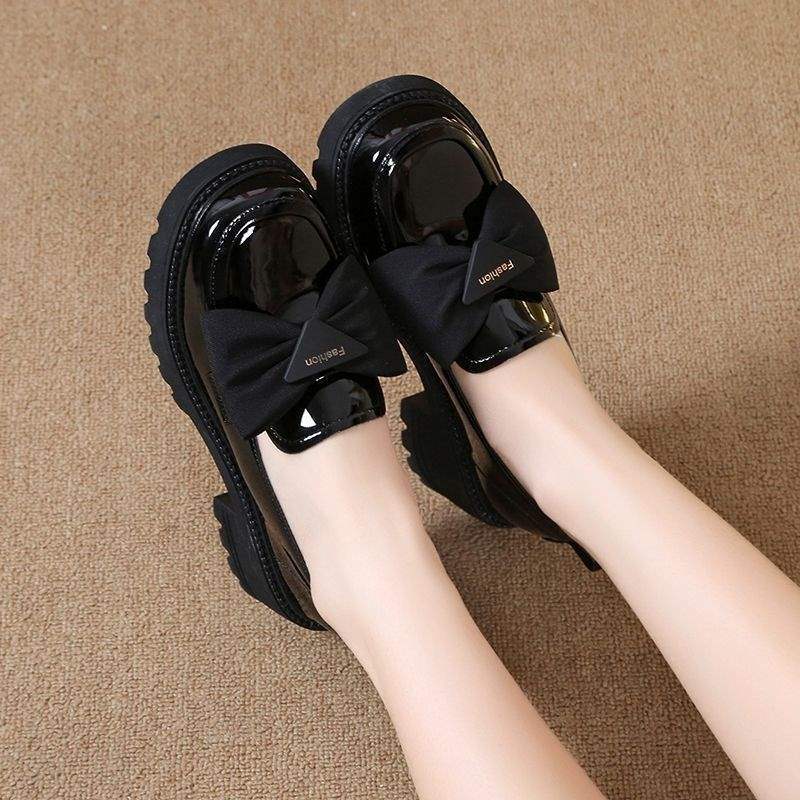 Women's Thick-Soled Loafers2025New Spring Mid-Heel Versatile Women's Shoes with Bowknot and Shiny Leather