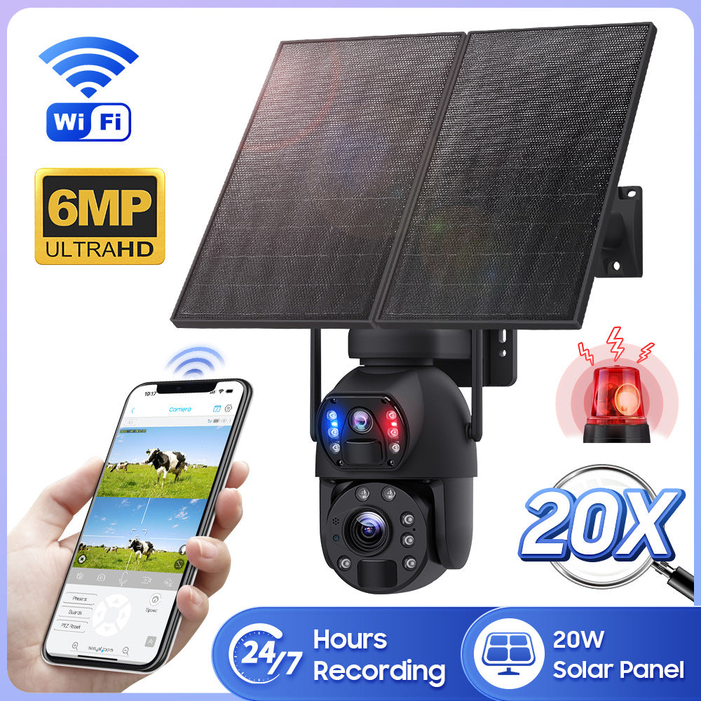 Dual Lens Dual Screen20Zoom7*24Solar Energy20W Hd600MP Metal Housing for Surveillance Camera