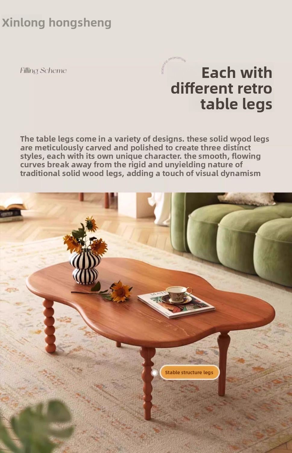 2025New Small Apartment Living Room Home Coffee Table Vintage Solid Wood Walnut French Light Luxury Irregular Shape Low Dining Table