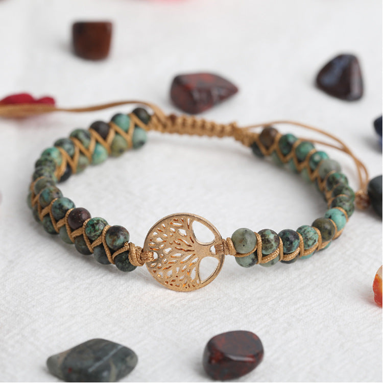 Tiger Eye Stone Double Row Bracelet Natural Stone Beaded Lucky Tree Pendant Bracelet Woven Double Layer Beaded Crystal Bracelet