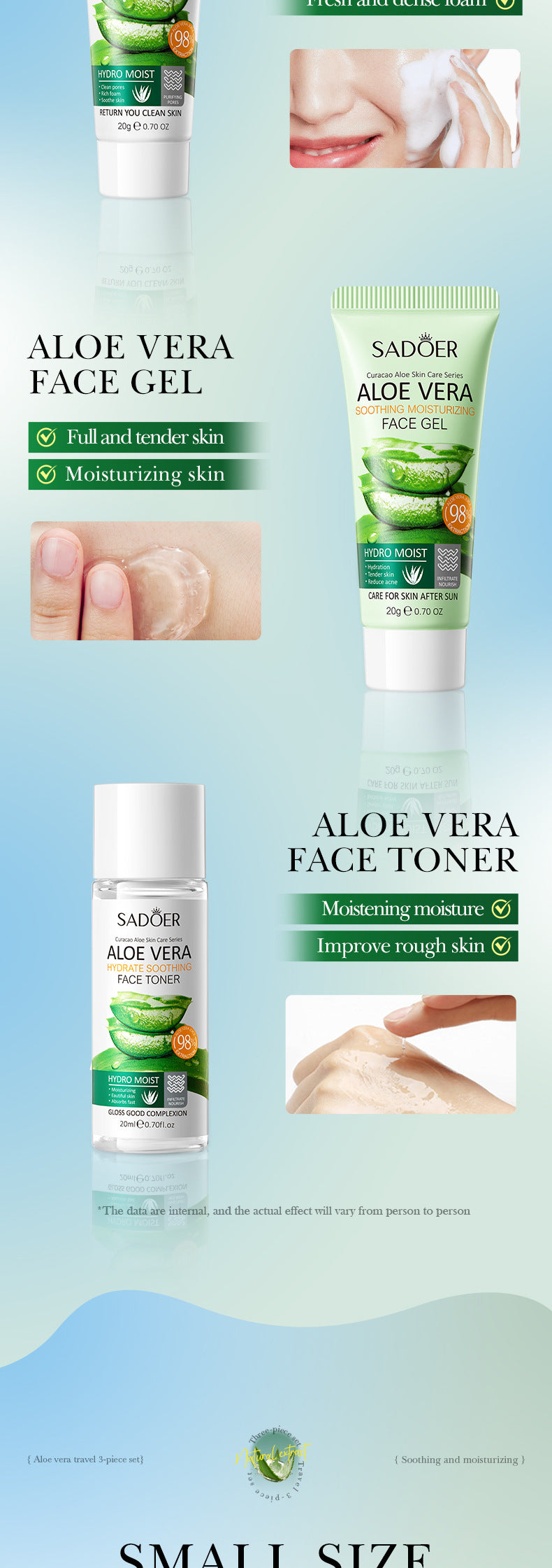 Aloe Vera Travel Three-Piece Set SADOER Aloe Vera Gel Toner Facial Cleanser  Wholesale