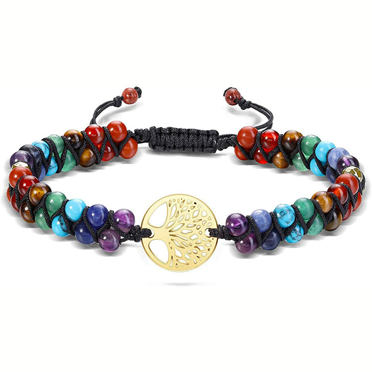 Tiger Eye Stone Double Row Bracelet Natural Stone Beaded Lucky Tree Pendant Bracelet Woven Double Layer Beaded Crystal Bracelet