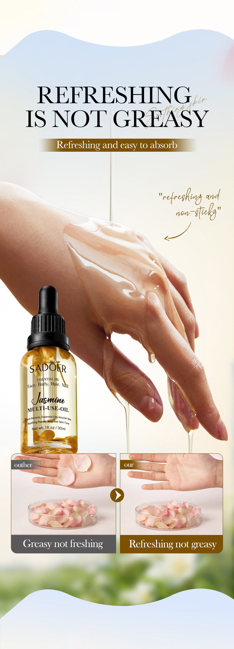 Cross-border Jasmine Dried Flower Massage Oil SADOER Moisturizing and rejuvenating skin body oil cross-border foreign trade wholesale