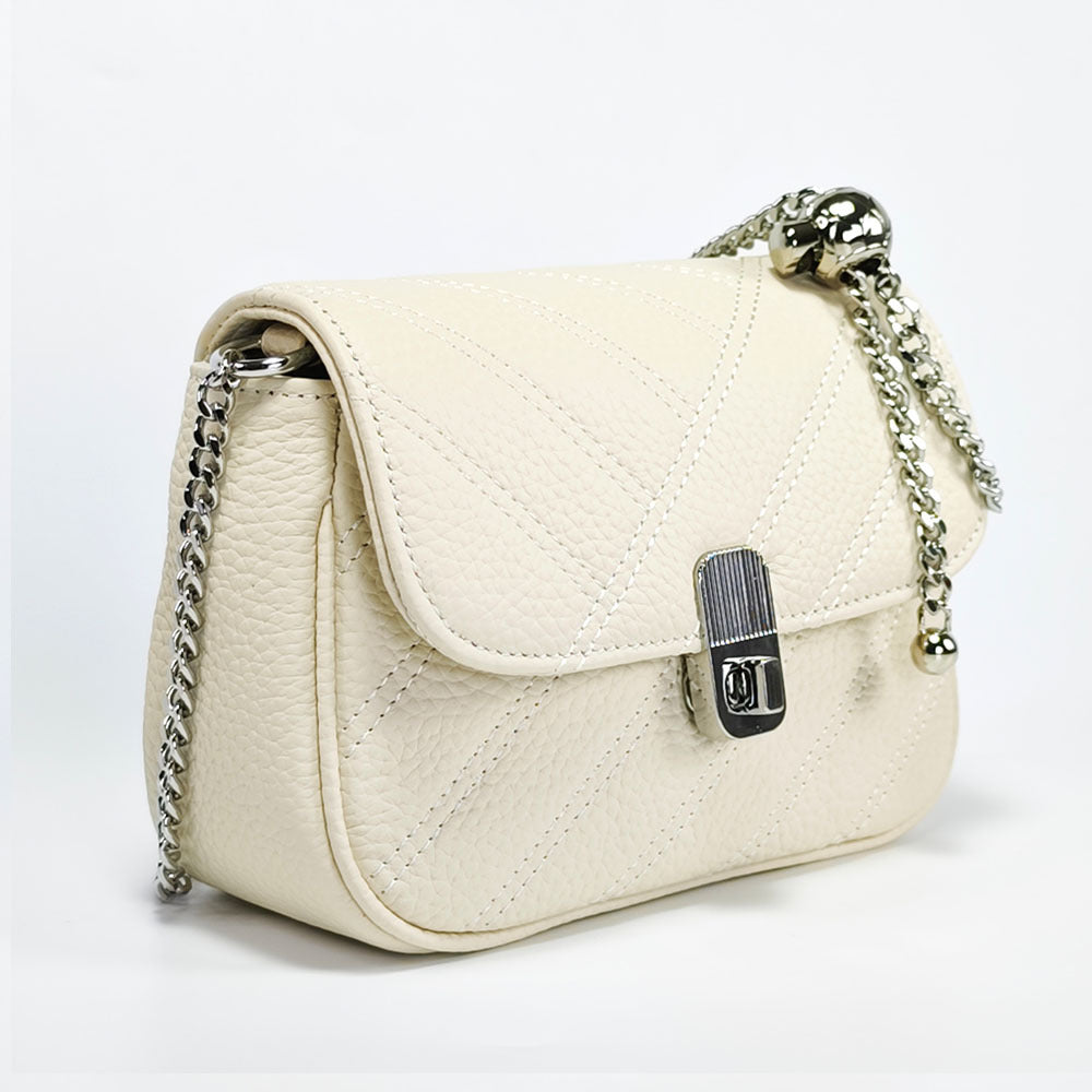 Genuine Leather Women's Bag New Metal Chain Small Square Bag Simple Versatile Chanel Style Single Shoulder Solid Color Embroidered Thread Crossbody Bag