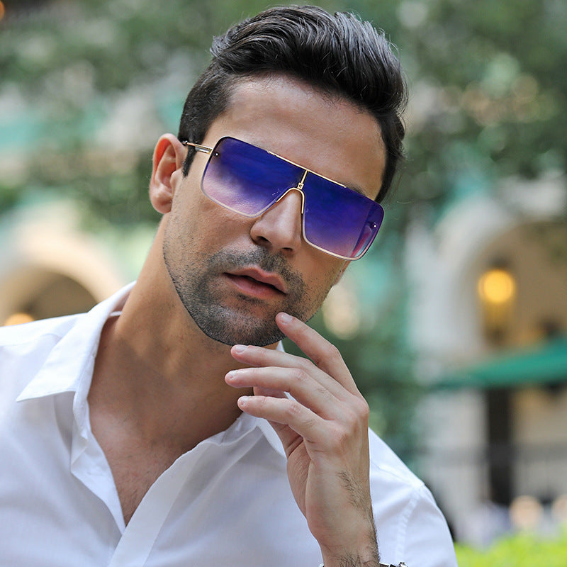 New Large Frame Sunglasses for Men Metal Frame One-piece Fashion Internet Celebrity Square Frame Glasses Trendy Sun Protection Driving Sunglasses