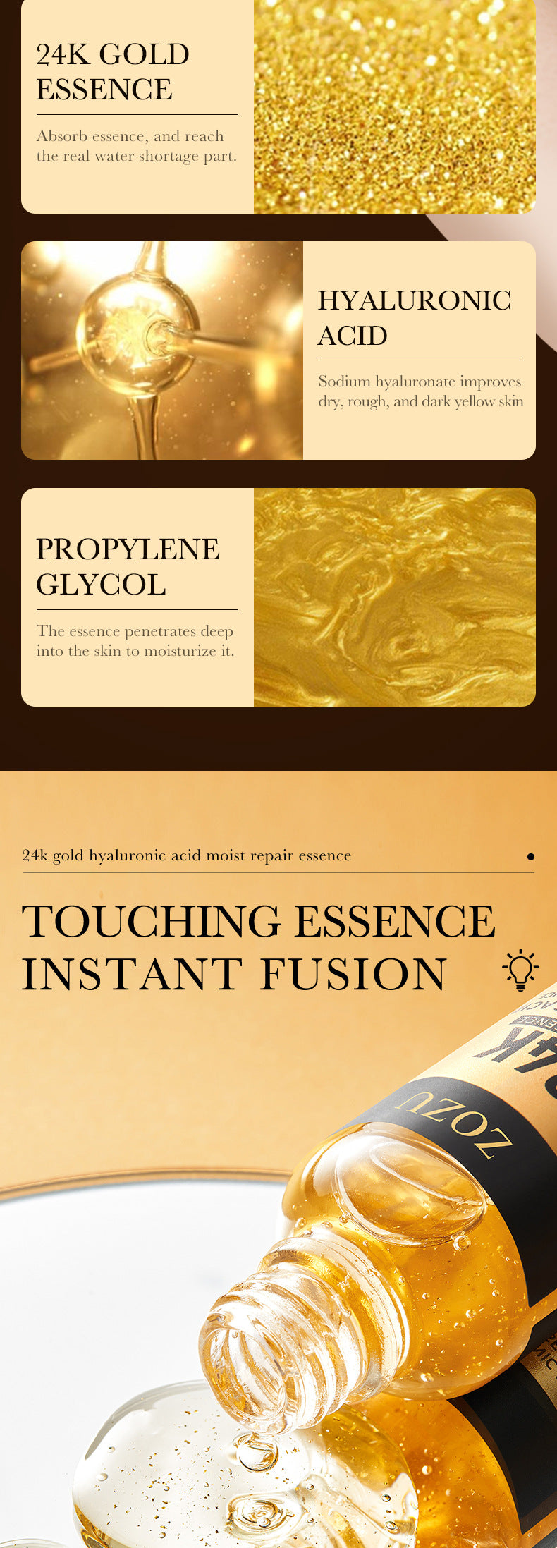 24K Gold Essence ZOZU Hyaluronic acid moisturizing and hydrating skincare wholesale for  trade