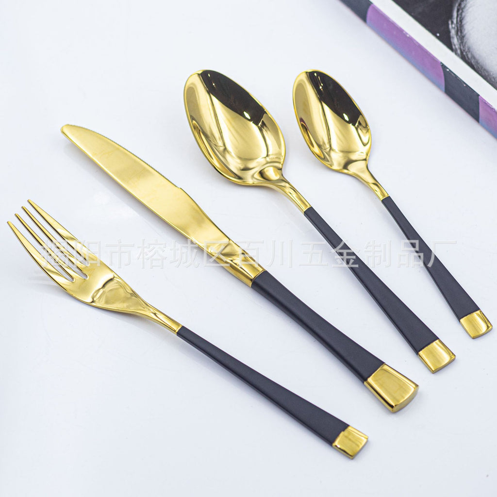 304Stainless Steel Cutlery Set Western Spoon Fork Four-Piece Set Titanium-Plated Square Handle Steak Knife Fork Spoon Gift Set