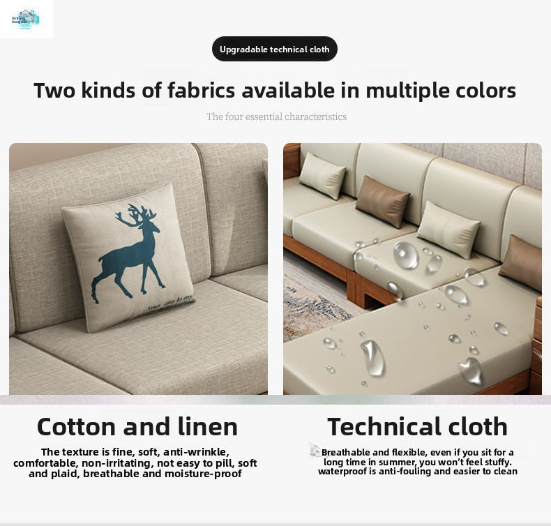 Modern Chinese Style Light Luxury Living Room Solid Wood Sofa Set Small Apartment Three-Seater Rural Wooden Fabric Sofa Bed