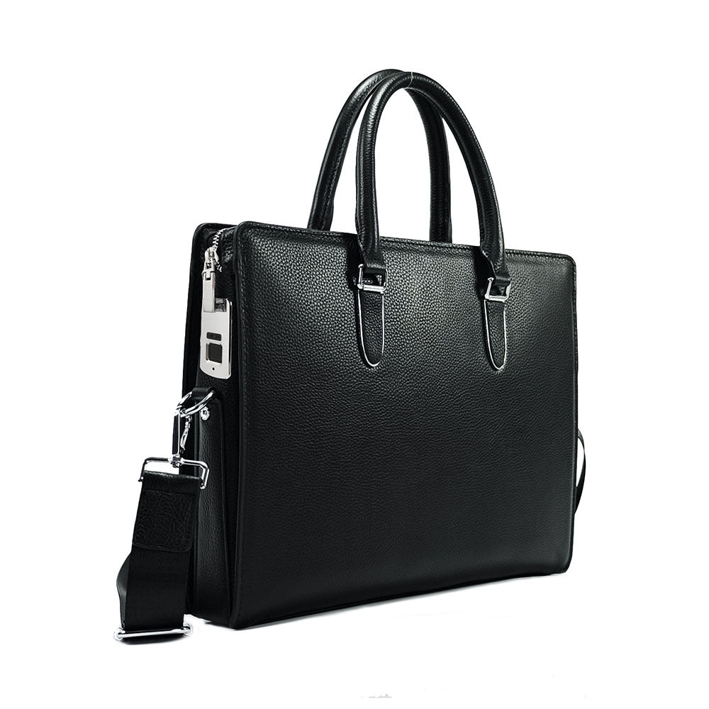 Business Trip Fingerprint Lock Handbag Men's Top Layer Cowhide Large Capacity High-end Feel Men's Business Commuting Genuine Leather Briefcase