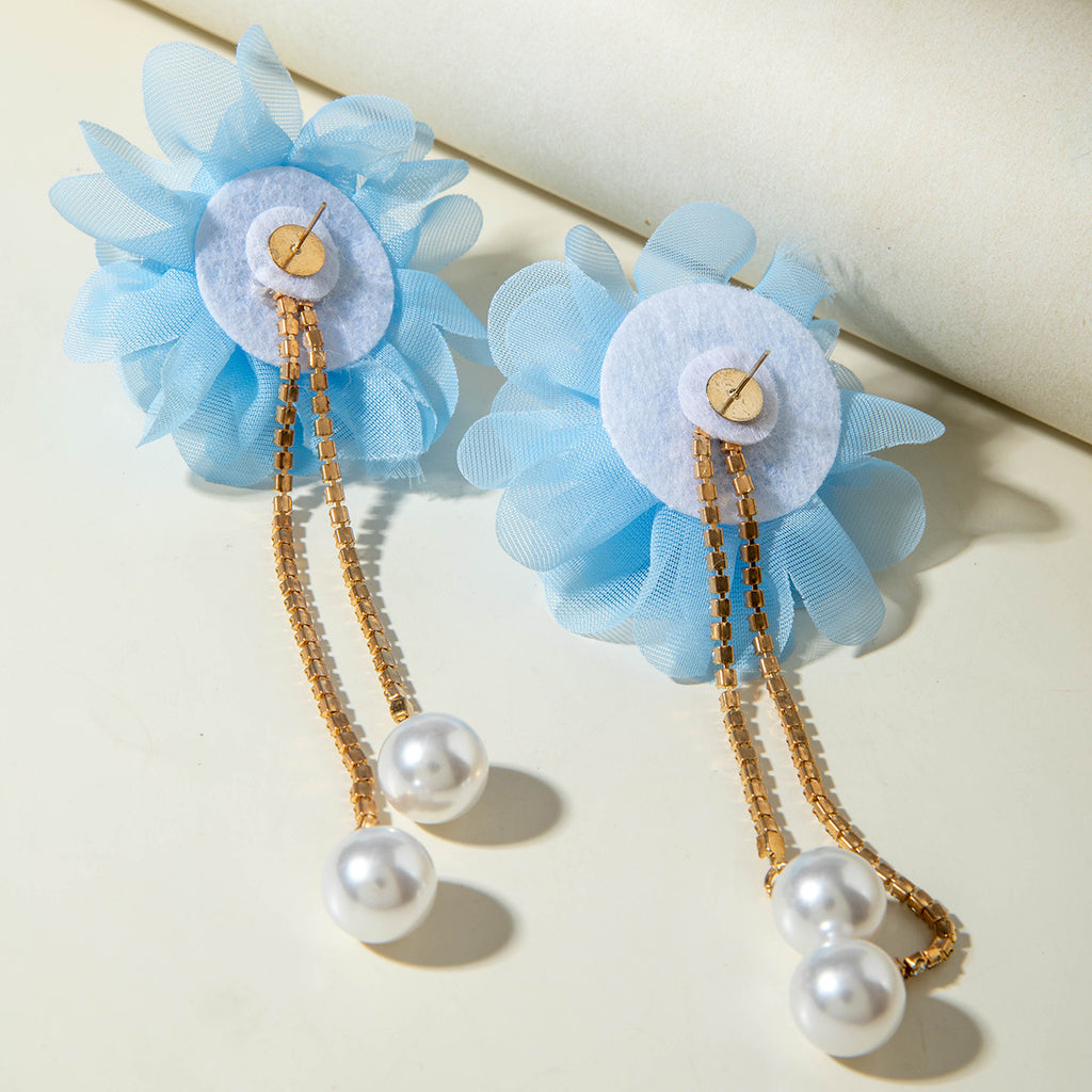 European and American Style Exaggerated Imitation Pearl Tassel Flower Earrings Fresh and Elegant Temperament Earrings for Women
