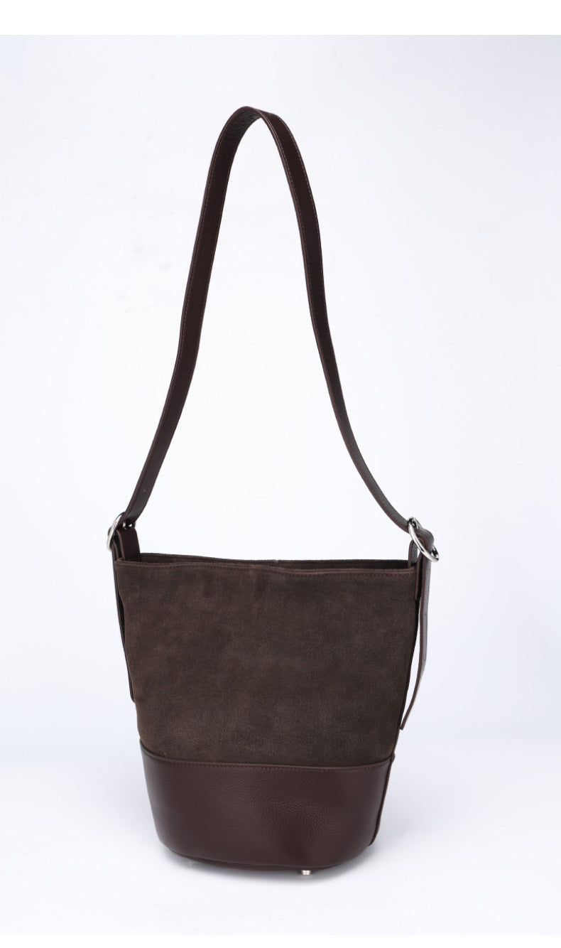 European and American Style Matte Single Shoulder Crossbody Bag for Women, Large Capacity Genuine Leather Fashion Versatile Color-Block Handbag Bucket Bag Underarm Bag for Women