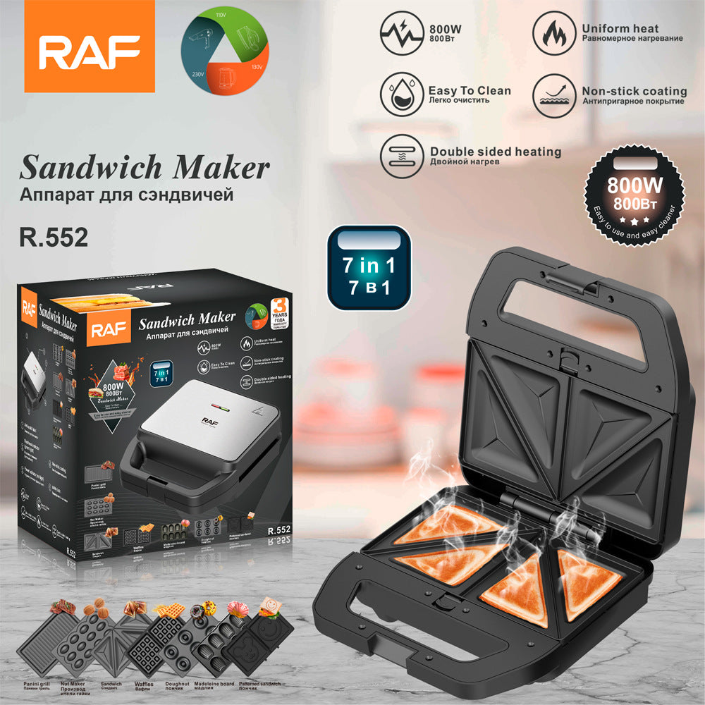RAF European Standard Sandwich Maker Household Multi-Functional 7-in-1 Waffle Maker Breakfast Machine Portable Baking