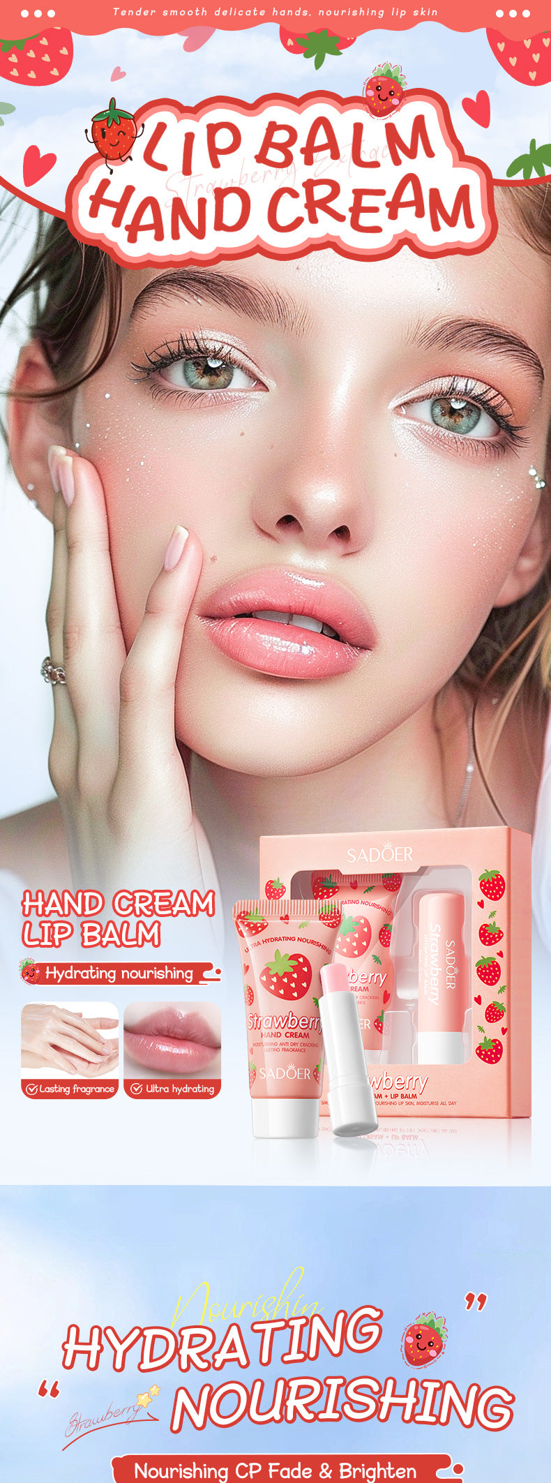 Strawberry Hand Cream Lip Balm Set SADOER Nourishing Autumn and Winter Hand Cream Lip Balm  Wholesale
