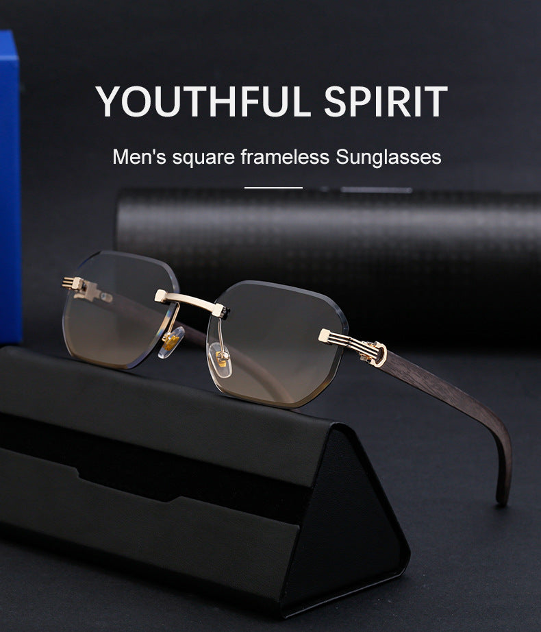 【Customization】Diamond Cut Rimless Glasses for Men, European and American Retro Style, Imitation Wood Grain Temple Sunglasses, Sun Protection Sunglasses