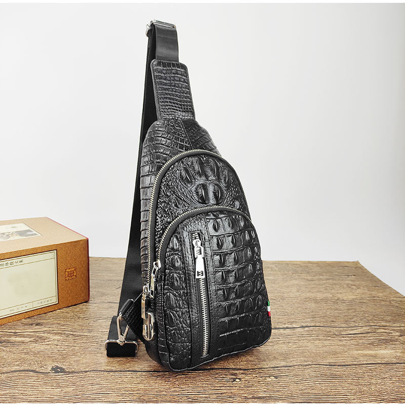 2025New European and American Fashion Crocodile Pattern Top Layer Cowhide Men's Password Lock Genuine Leather Chest Bag High-end Crossbody Bag